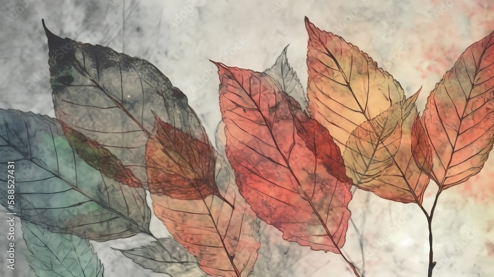 A soft background of leaves in digitally illustrated watercolor and ink style. Generative AI. 