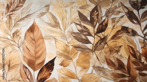 A soft background of leaves in digitally illustrated watercolor and ink style. Generative AI.