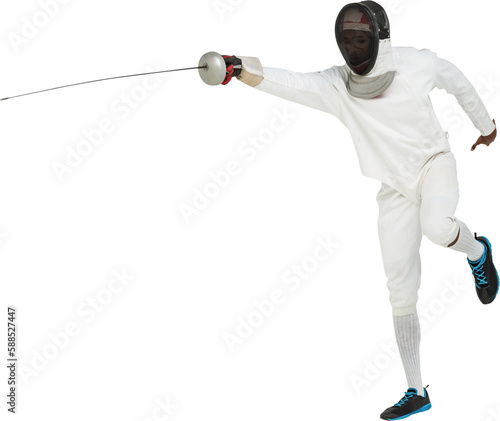 Man wearing fencing suit practicing with sword