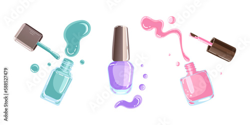 Set of vector illustrations of multicolored nail polish and nail polish drops