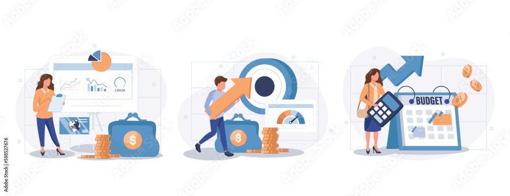 Cost optimization concept set. Idea of financial and marketing strategy. Cost and income balance. Spending and cost reduction, while maximizing business value. Isolated flat illustration vector