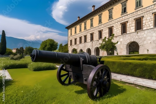 A cannon on a lawn in front of a large building Generative AI
