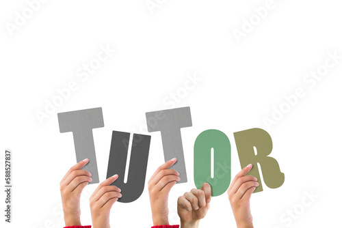 Cropped hands holding colorful alphabets forming tutor