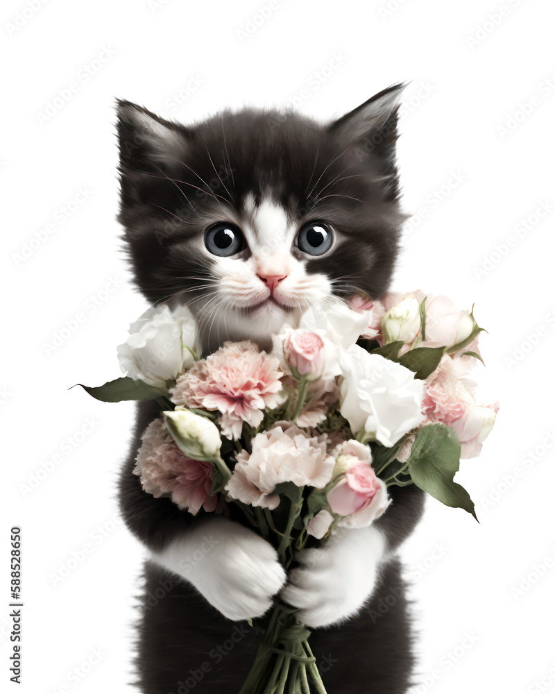 Black and White Cat, Posing buy with Flowers