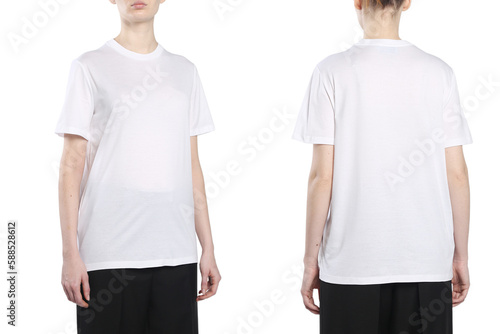 women's t-shirt on a model on a white background isolated