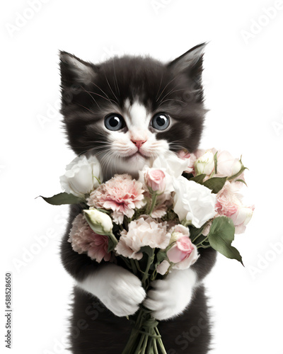 Black and white kitten with a bouquet of flowers for Mothers day or birthday present.  Generative AI. © Pixel Cat