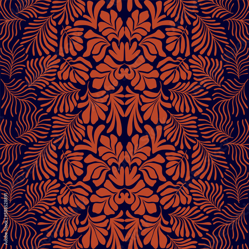 Terracotta brown abstract background with tropical palm leaves in Matisse style. Vector seamless pattern with Scandinavian cut out elements.