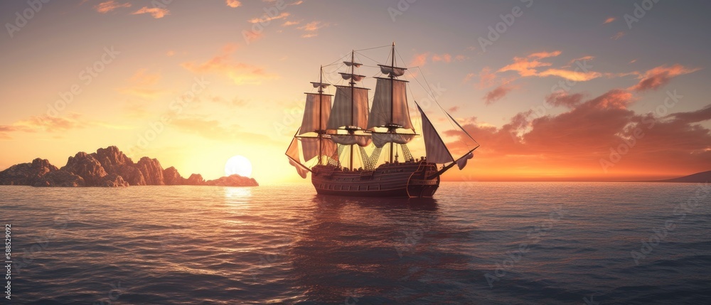 Pirate ship sailing on the open sea, with the wind in its sails and the sun setting in the background. Generative AI