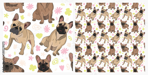 Spring pattern with spirals, leaf, flowers, French Bulldog dogs. Pastel colors. Elegant, soft seamless background, abstract summer pattern with hand-drawn colorful shapes. Delicate, gender-neutral.