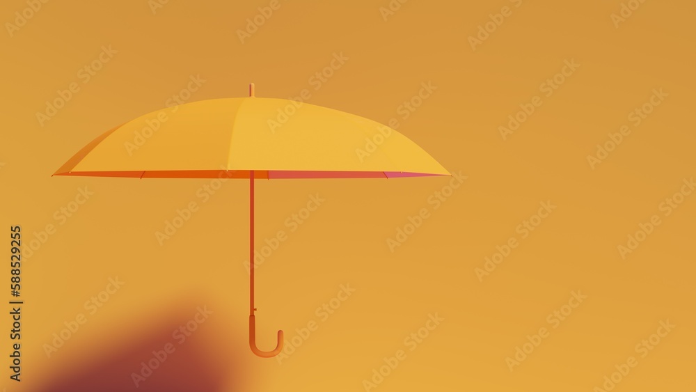 Yellow umbrella in the air near yellow colored wall, usable for creativity theme, horizontal
