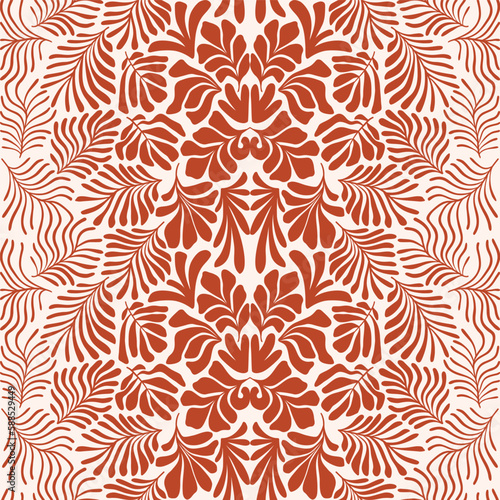 Brown white abstract background with tropical palm leaves in Matisse style. Vector seamless pattern with Scandinavian cut out elements.
