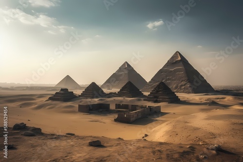 A group of pyramids in a desert with great pyramid of giza in the background Generative AI