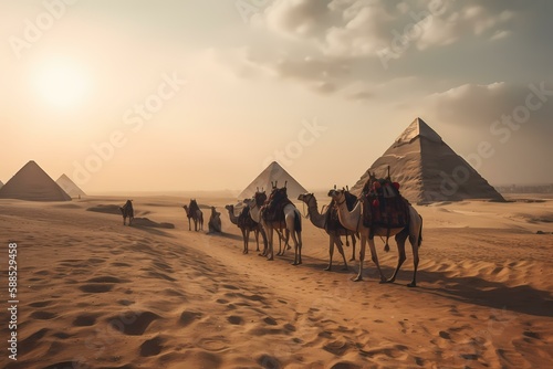 A group of people riding camels in front of pyramids Generative AI