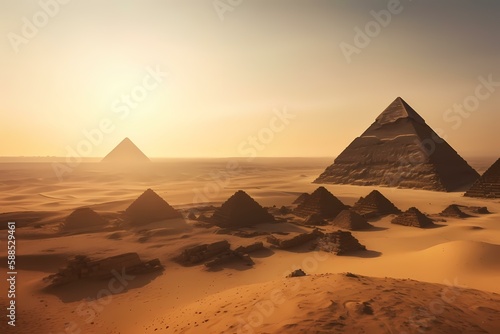 Pyramids in a desert with great pyramid of giza in the background Generative AI