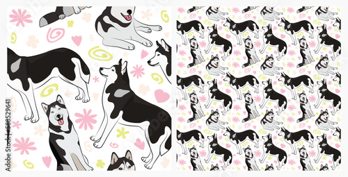 Spring pattern with spirals, leaf, flowers, Husky dogs. Pastel colors. Elegant, soft seamless background, abstract summer pattern with hand-drawn colorful shapes. Delicate, gender-neutral, child's.