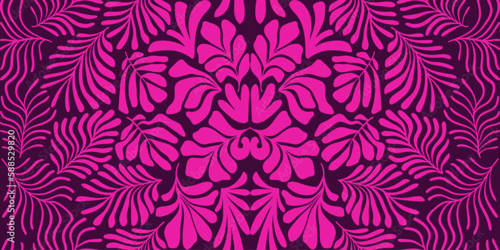 Purple pink abstract background with tropical palm leaves in Matisse style. Vector seamless pattern with Scandinavian cut out elements. Purple pink abstract background with tropical palm leaves in Matisse style. Vector seamless pattern with Scandinavian cut out elements.