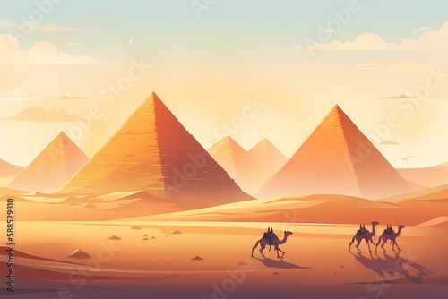 A group of people walking in front of a pyramid with great pyramid of giza in the background Generative AI