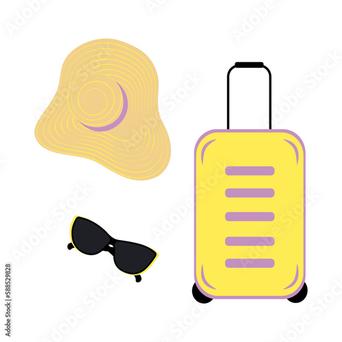 Travel set of suitcase, wide brimmed hat and sunglasses in trendy bright shades. Hello summer. EPS