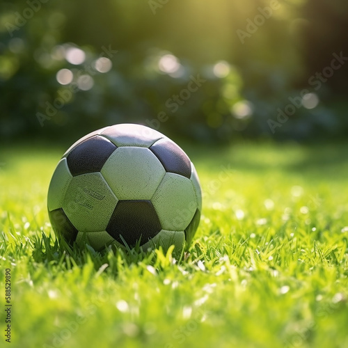 soccer ball on green grass, Generative AI © mts