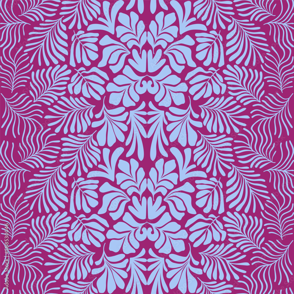 Purple blue abstract background with tropical palm leaves in Matisse style. Vector seamless pattern with Scandinavian cut out elements. Purple blue abstract background with tropical palm leaves in Matisse style. Vector seamless pattern with Scandinavian cut out elements.