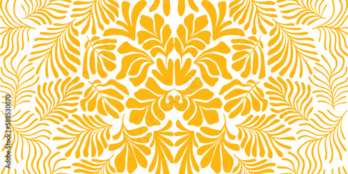 Yellow abstract background with tropical palm leaves in Matisse style. Vector seamless pattern with Scandinavian cut out elements.