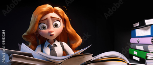 business woman staying late overworking and researching piles of documents with stressed and confused expression as wide banner with copy space area - Generative AI photo