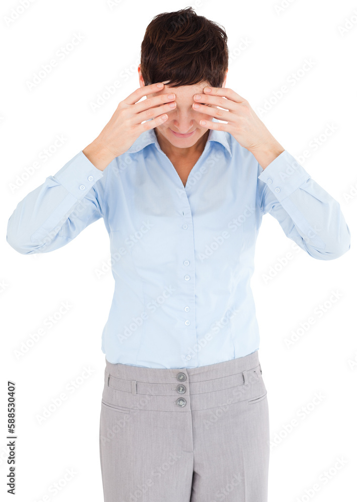 Businesswoman with her hands on her forehead Businesswoman with her hands on her forehead