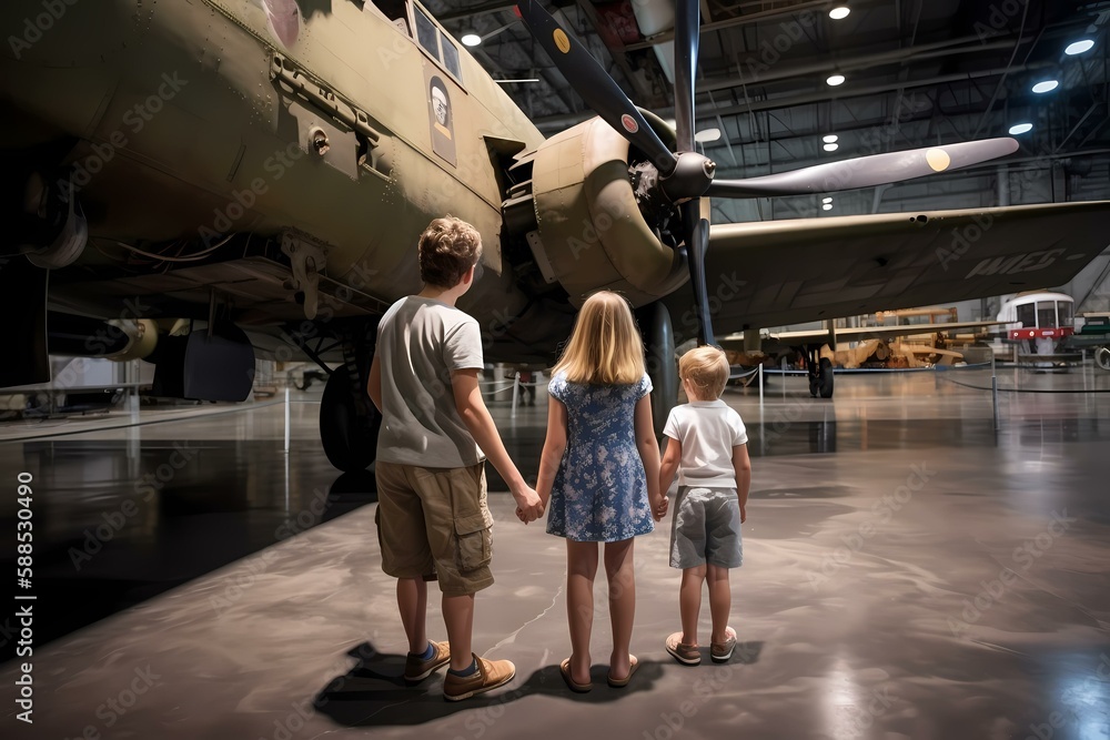A family stands in front of an airplane Generative AI