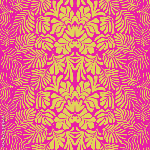 Yellow pink abstract background with tropical palm leaves in Matisse style. Vector seamless pattern with Scandinavian cut out elements.