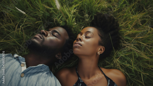 Black couple sunny day lovers and dreamers in the green grass, photo style shot from above a green field of grass, lovers on a beautiful warm day outside happy togetherness (generative AI, AI)