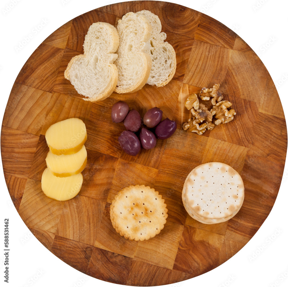 Cheese, bread, olives, biscuits and walnut on wooden board Cheese, bread, olives, biscuits and walnut on wooden board