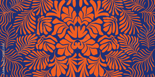Orange blue abstract background with tropical palm leaves in Matisse style. Vector seamless pattern with Scandinavian cut out elements.