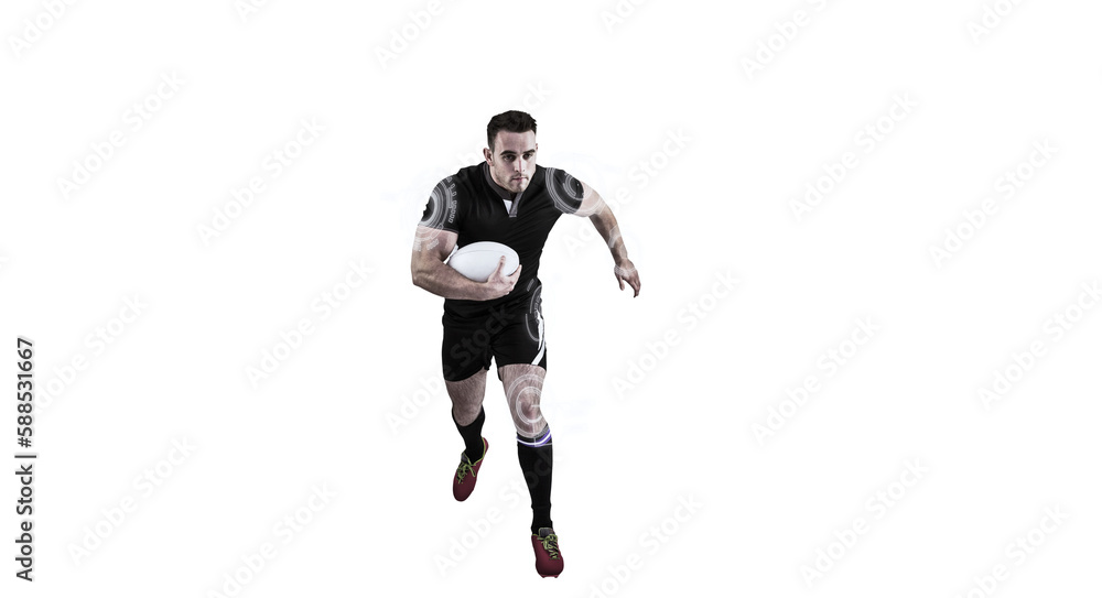 Digital image of rugby player running while holding ball