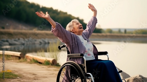 old woman in a wheelchair with happiness gesture. Generative AI