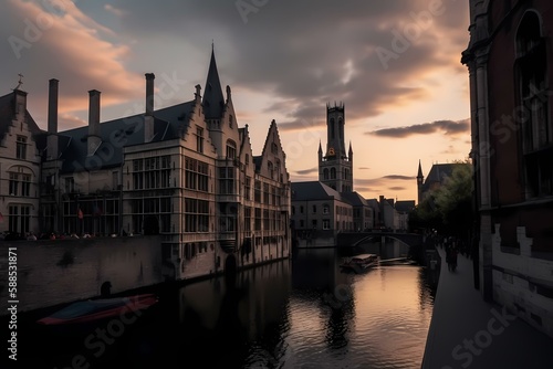 A canal with buildings along it Generative AI