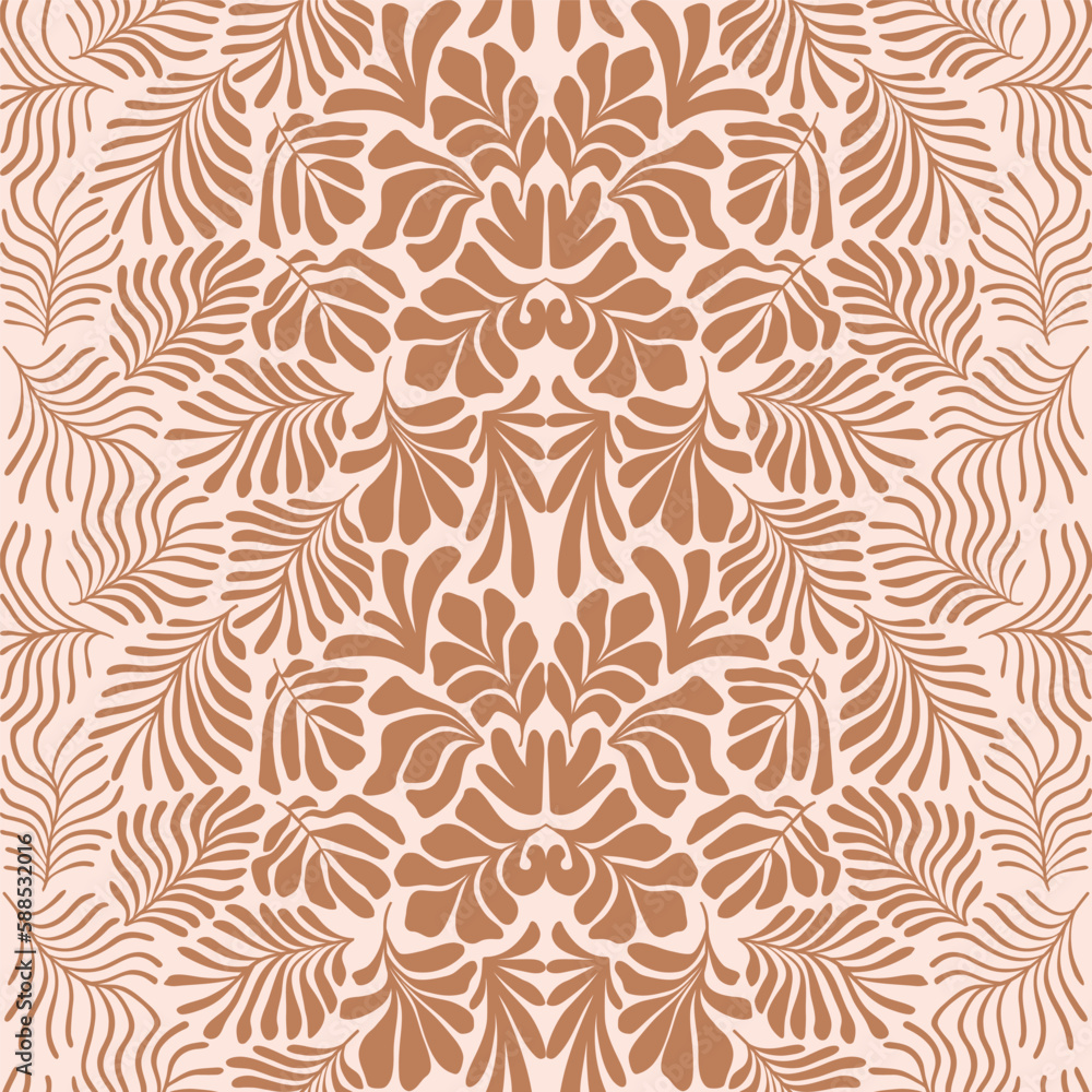 Brown beige abstract background with tropical palm leaves in Matisse style. Vector seamless pattern with Scandinavian cut out elements. Brown beige abstract background with tropical palm leaves in Matisse style. Vector seamless pattern with Scandinavian cut out elements.
