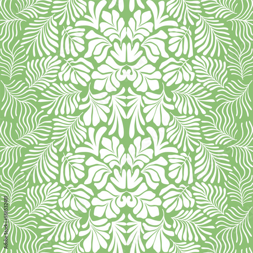 Green white abstract background with tropical palm leaves in Matisse style. Vector seamless pattern with Scandinavian cut out elements.