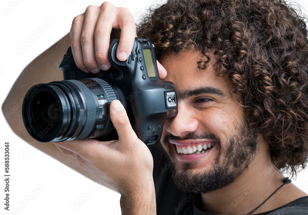 Fototapeta premium Close up of cheerful male photographer taking picture with camera 