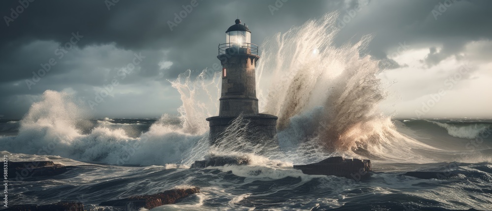 Tall lighthouse stands in the middle of a stormy sea with waves. Generative AI