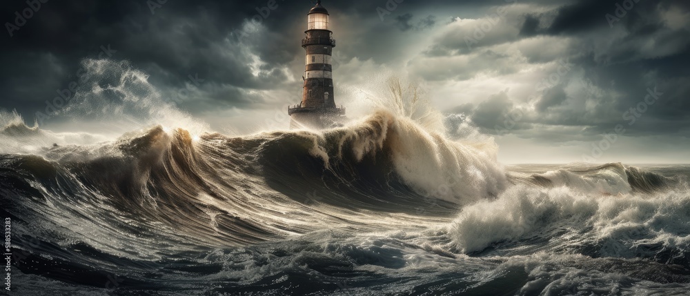Tall lighthouse stands in the middle of a stormy sea with waves. Generative AI