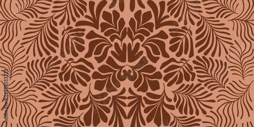 Brown abstract background with tropical palm leaves in Matisse style. Vector seamless pattern with Scandinavian cut out elements.