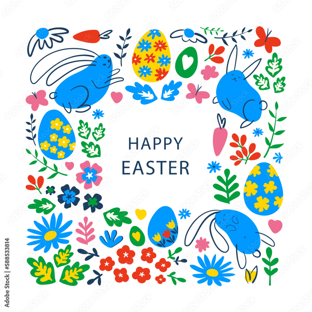 Easter card with the image of rabbits, hares, Easter eggs and grass decor. simple drawing, light easter elements in linear and flat style, hand draw