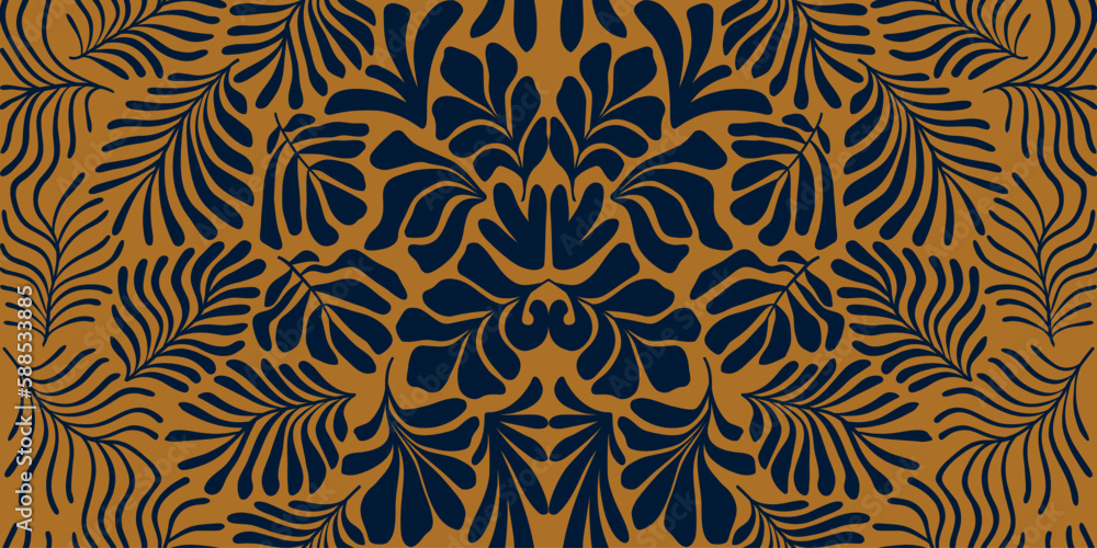 Gold abstract background with tropical palm leaves in Matisse style. Vector seamless pattern with Scandinavian cut out elements. Gold abstract background with tropical palm leaves in Matisse style. Vector seamless pattern with Scandinavian cut out elements.