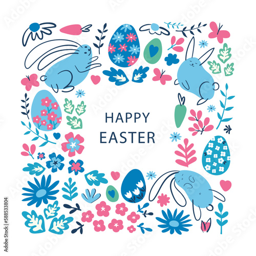 Easter holiday frame. Easter decoration with flowers  eggs and rabbits. Multicolored light hand drawn line art