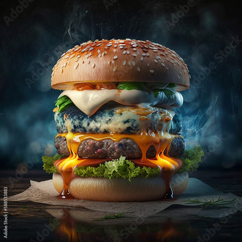hamburger, cheese burger, blue cheese, melted cheese, beef, Created generative AI