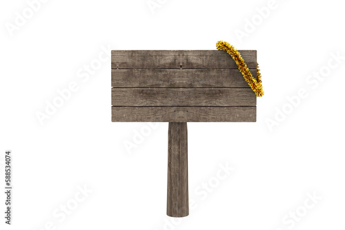 Empty wooden signboard and yellow Christmas decoration