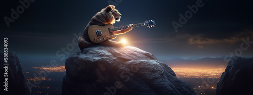 lion, play, guitar, rock, music, animal, pet, puppy, isolated, cute, white, canine, cocker, spaniel, mammal, breed, brown, domestic, adorable, black, bear, doggy, portrait, looking, generative ai