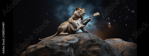 lion, play, guitar, rock, music, animal, pet, puppy, isolated, cute, white, canine, cocker, spaniel, mammal, breed, brown, domestic, adorable, black, bear, doggy, portrait, looking, generative ai © Eugene