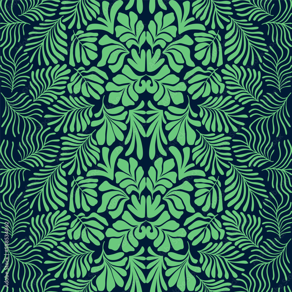 Green abstract background with tropical palm leaves in Matisse style. Vector seamless pattern with Scandinavian cut out elements. Green abstract background with tropical palm leaves in Matisse style. Vector seamless pattern with Scandinavian cut out elements.