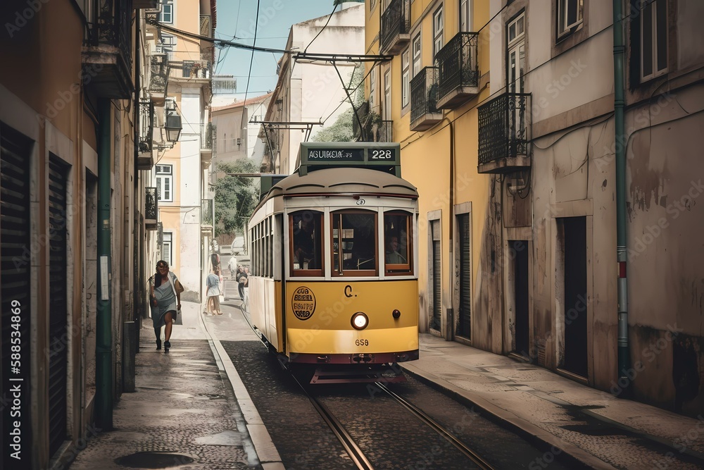 A yellow trolley on a street Generative AI
